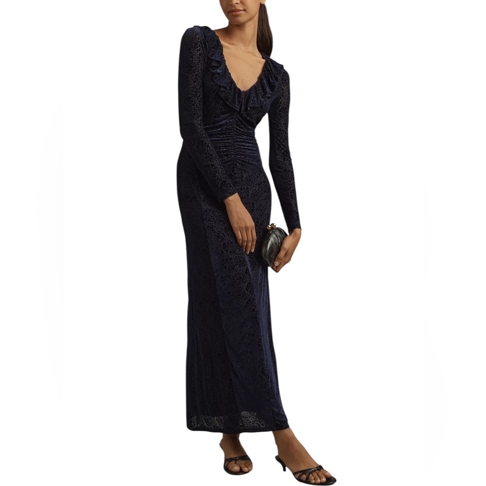 By Anthropologie Velvet Ruched Maxi Dress Navy